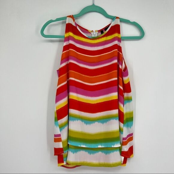 New Directions Striped Colorblock Pink Orange Back Slit Cape Sleeveless Tank Top - Picture 1 of 10